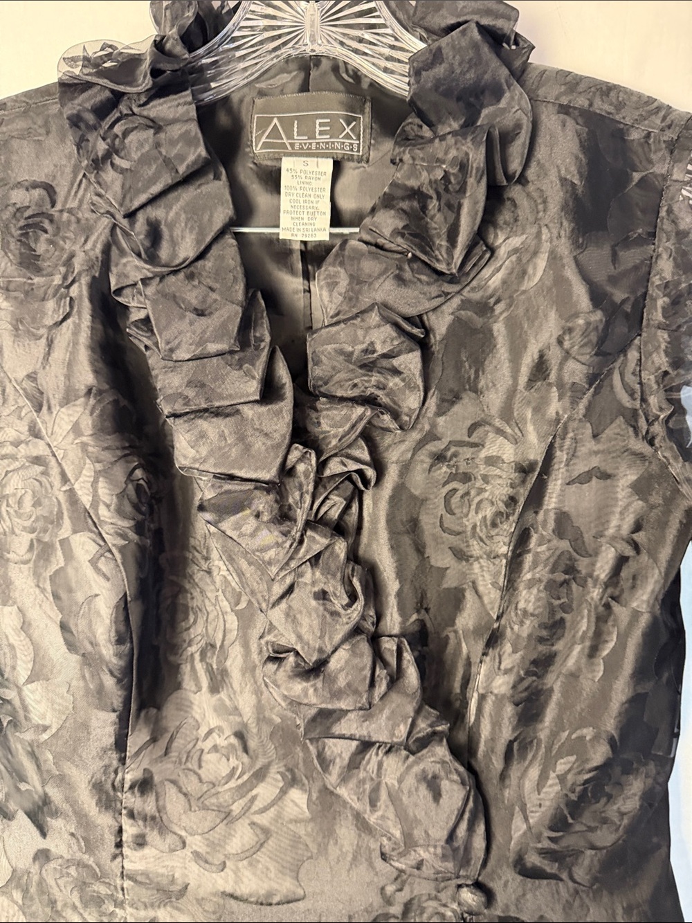 Alex Evenings Black Floral Jacquard Ruffle Front Blouse - Picture 3 of 11